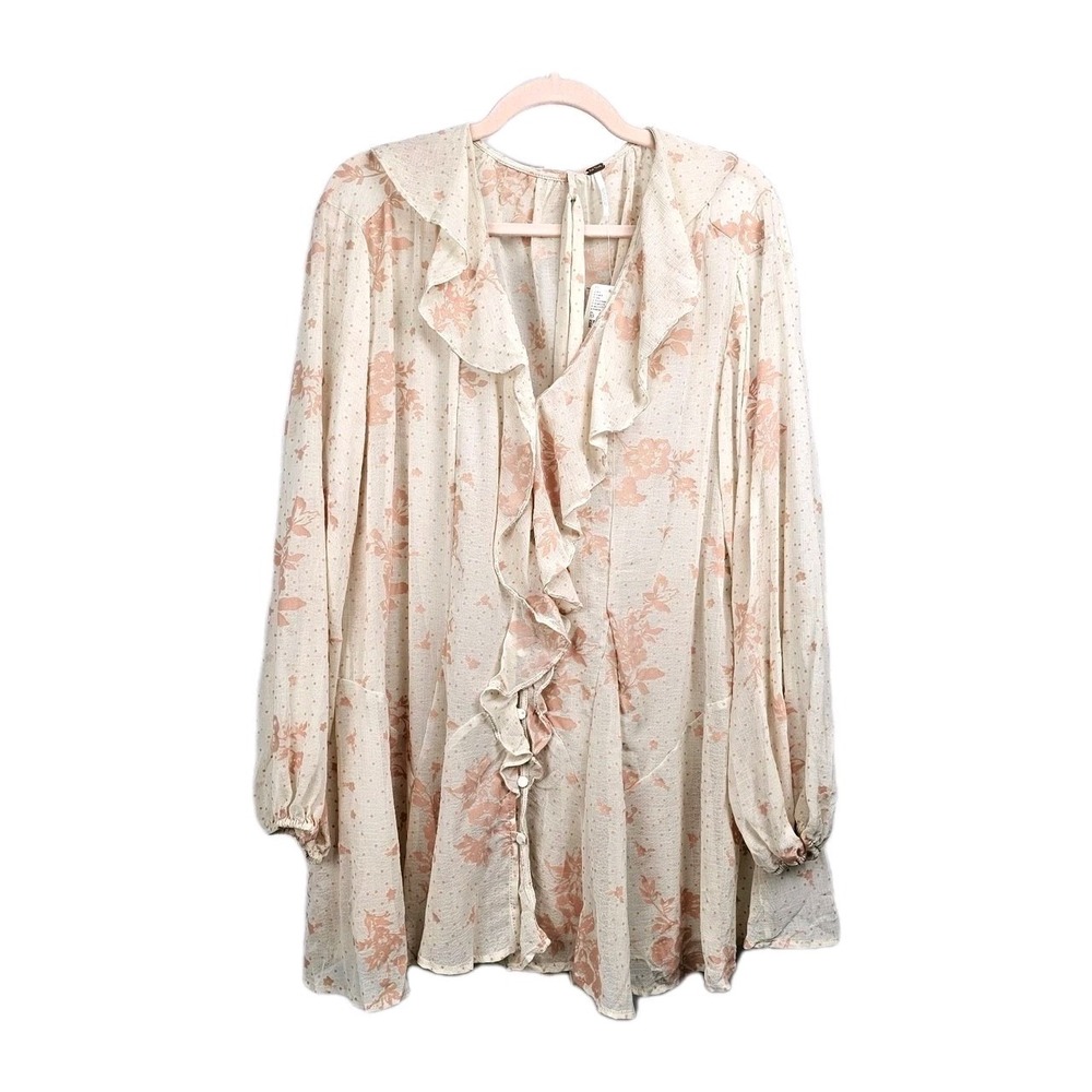 Free People DREAMLAND Floral Ruffle Tie Tunic Top Blouse Sold Out!  $148